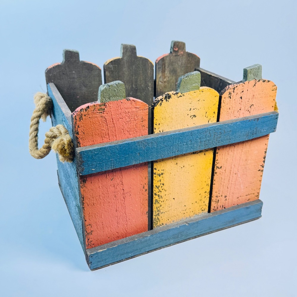 Fall Primitive Wooden Box Crate Decor Pumpkin Picket Fence Rope Handles